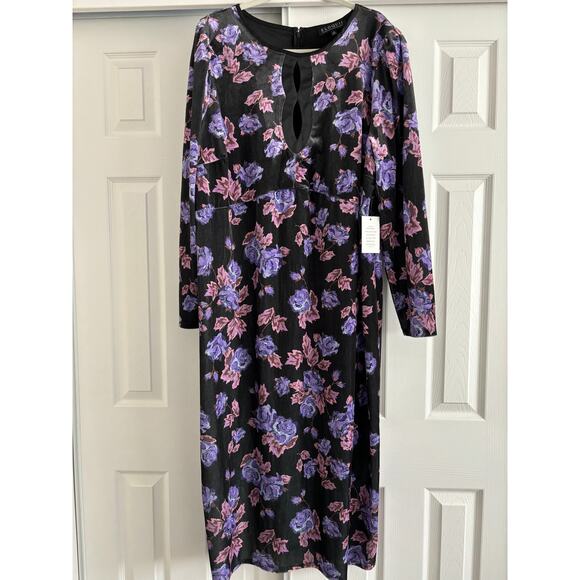 ELOQUII Velvet Plus Size 24 Midi Dress Floral Black Purple New - Picture 3 of 7